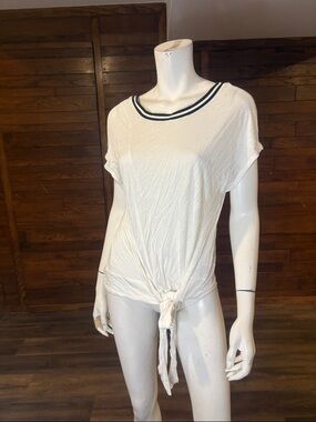 Bench White Short Sleeve Tie-Front Top with Navy Trim